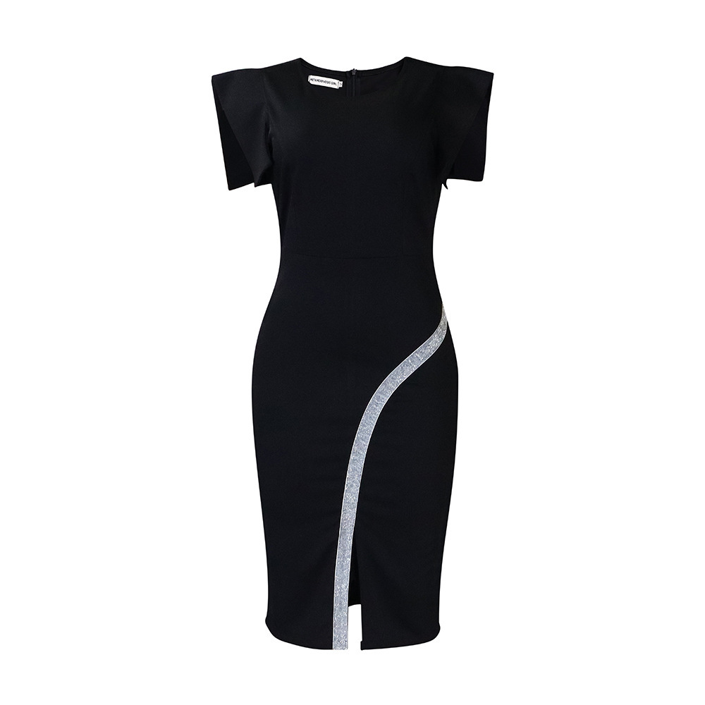 D380 Womens 2023 Summer New Short-Sleeve Bodycon Dress with Elegant Split and Shiny Trim
