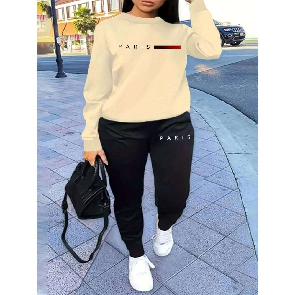 Women's autumn and winter hip-hop casual street fashion Paris letter printed round neck sports shirt+sports pants warm suit C260312