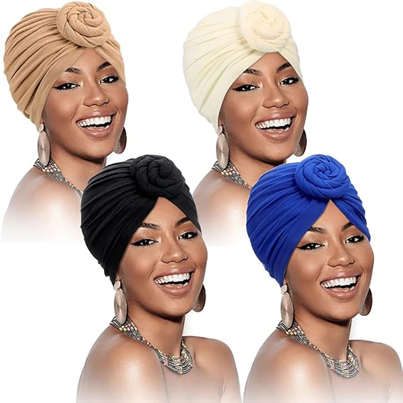 4PCS/LOT Muslim Women Turban Hat Knot Headwrap Ladies Hair Cover Bonnet Beanie African Headscarf Chemo Cap Bandanas 260304
