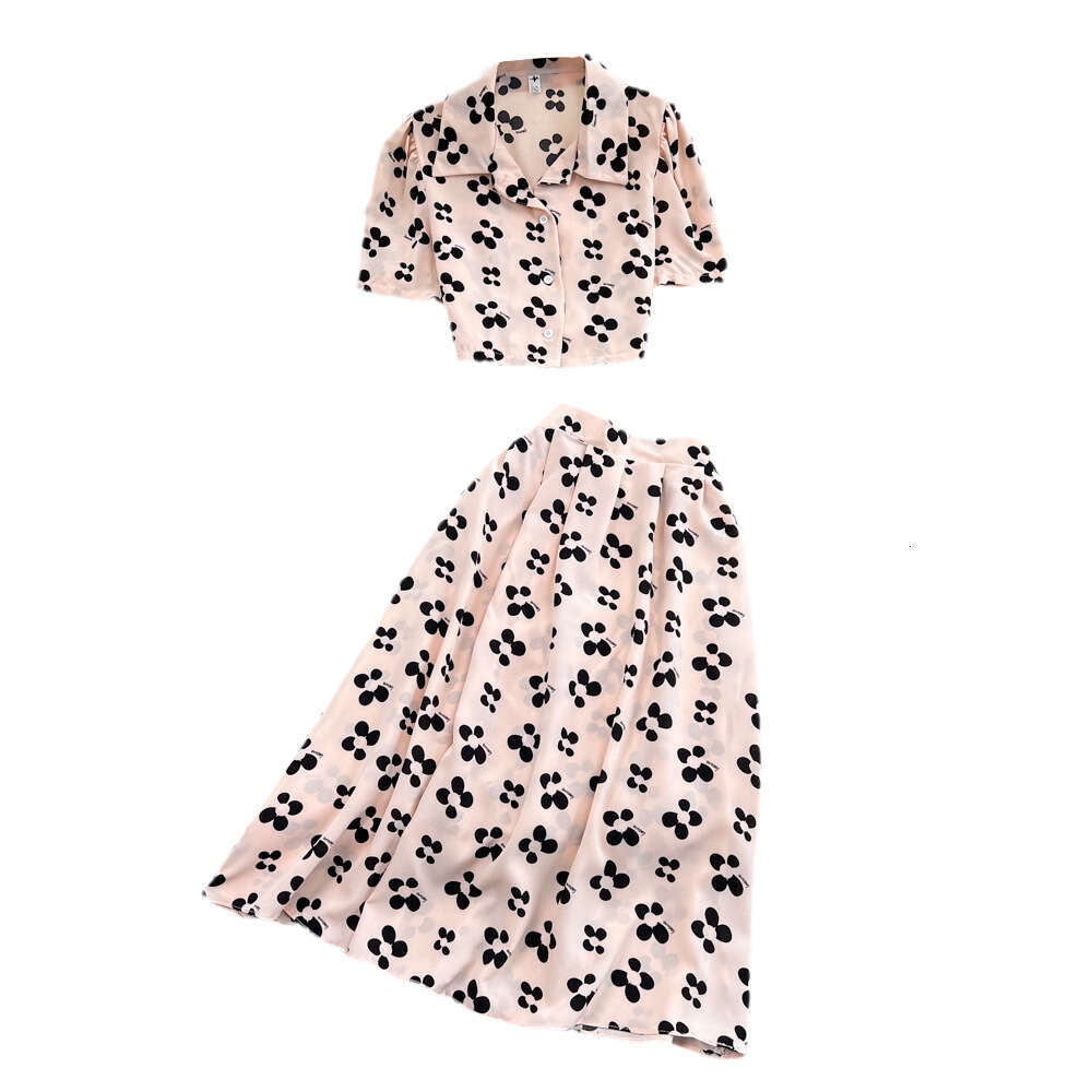 Women's Fashion Set Bubble Sleeve Top Short Sleeve Two Piece Set High Waist a18 Printed A-line Skirt 2026