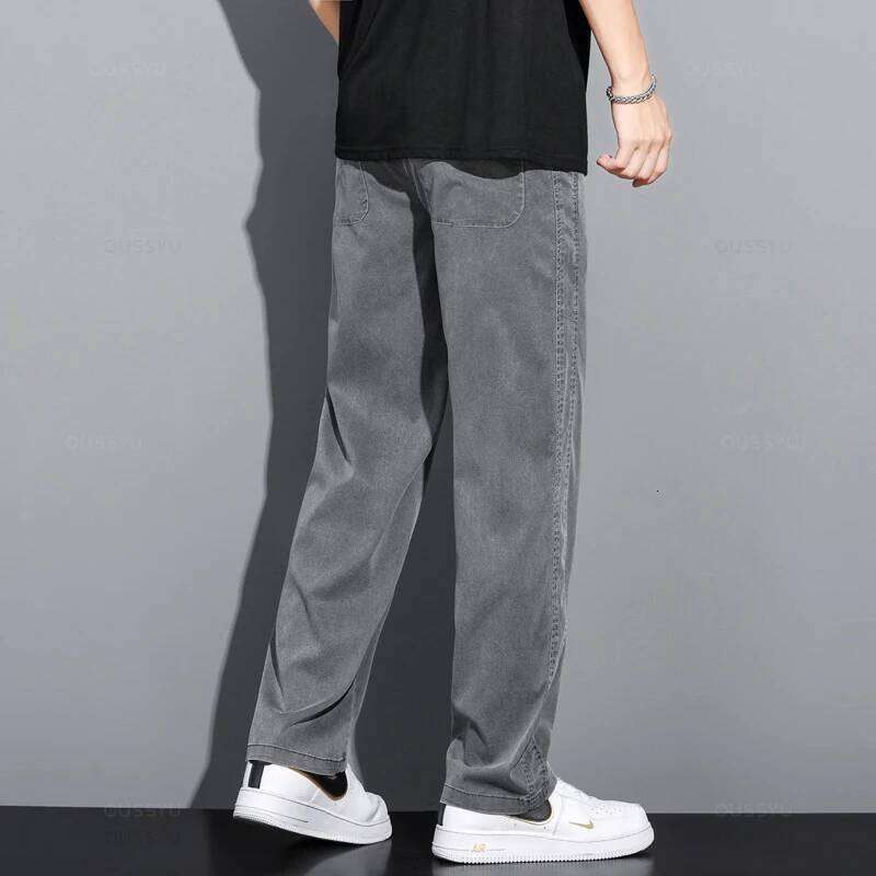 Summer Thin Soft Lyocell Fabric Jeans Men Loose Straight Wide Leg Pants Drawstring Elastic Waist Casual Trousers Plus Size M-5XL 26Y0312
