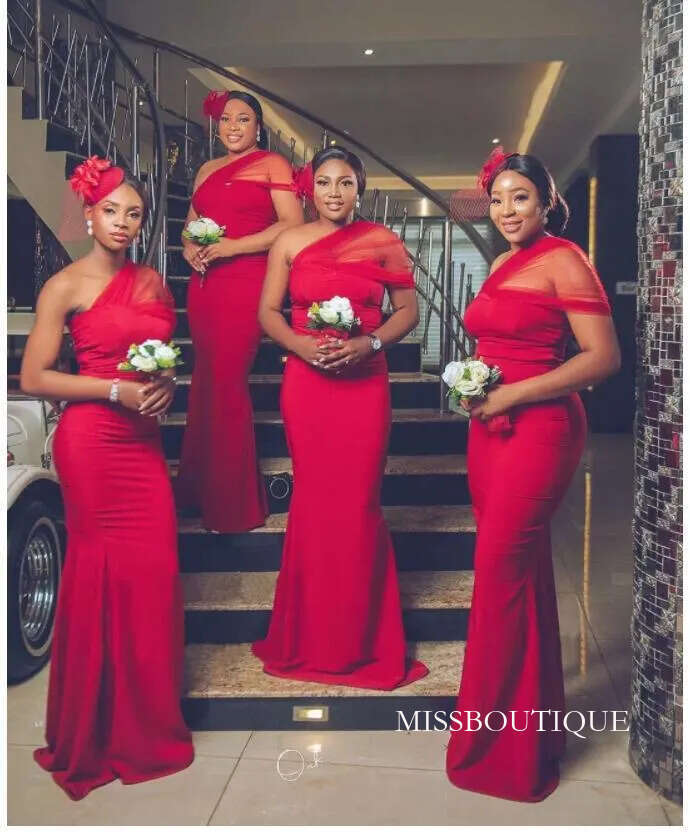 African One Shoulder Sexy Dark Red Bridesmaid Dresses Plus Size Wedding Party Gowns Long Ruched Mermaid Bride Maid Of Honor Dress 403 B0312