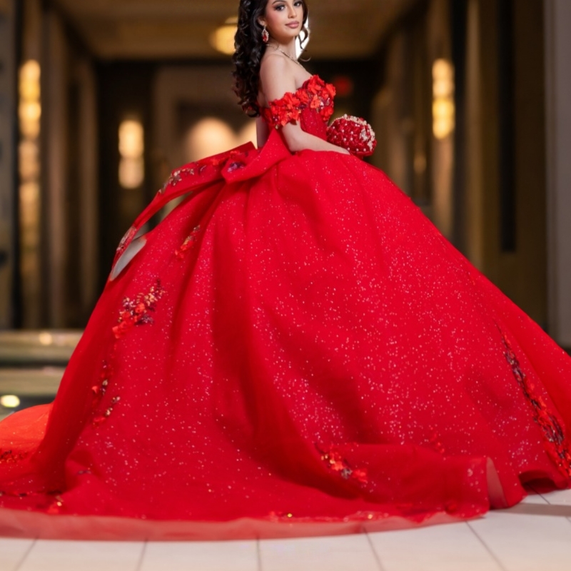 Red Ball Gown Quinceanera Dresses 2026 Applique Flower Beading Crystal Bow Tull Corset Off Shoulder Sweet 16 Dress Years Vestidos De 15 Anos