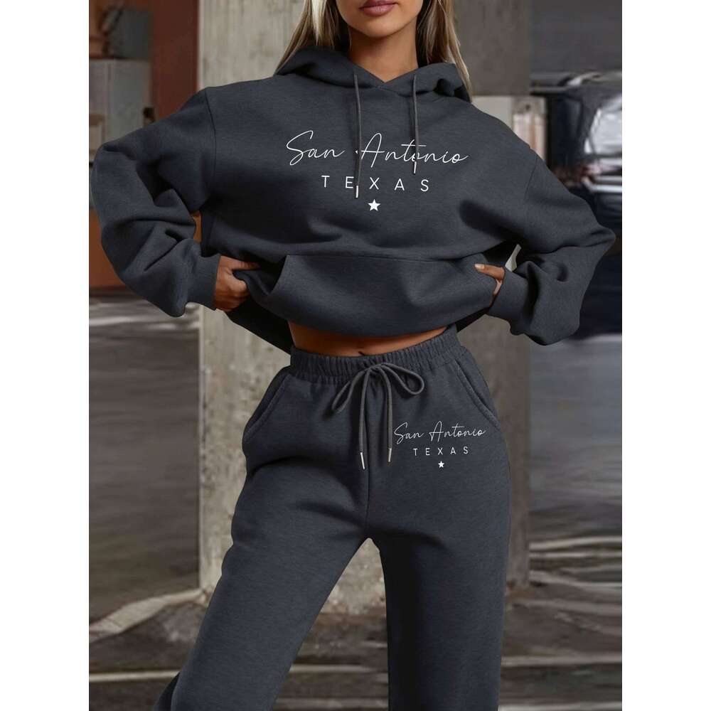 San Antonio Texas Creative Letter Prints Streetwear Women Soft Autumn Hoody Set Sports Jogging Clothing Suit Street Fleece Pants C260312