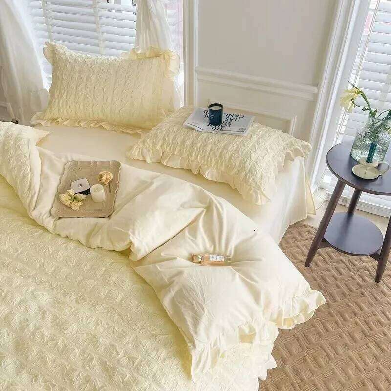Korean Princess Yellow Bedding For Women Double Ruffle Lace Duvet Cover Full Queen Solid Color Comfortable Bed Sheet Set H260312