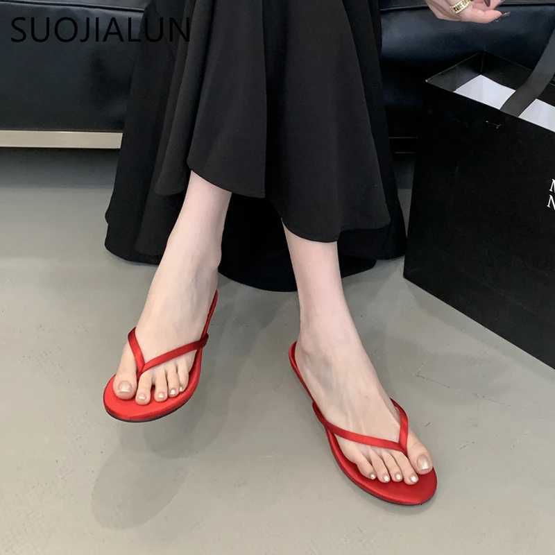 SUOJIALUN 2025 Summer New Slipper Fashion Narrow Band Slip On Flip Flop Shoes Thin Low Heel Outdoor Dress Sandal Slides Sh K260312