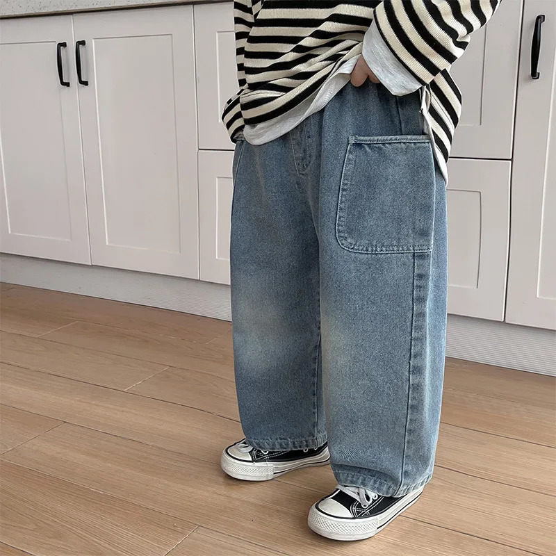 Spring Autumn Kid Boys Denim Pants Side Pocket Polished White Children Elastic Waist Casual Baby Trousers 260311
