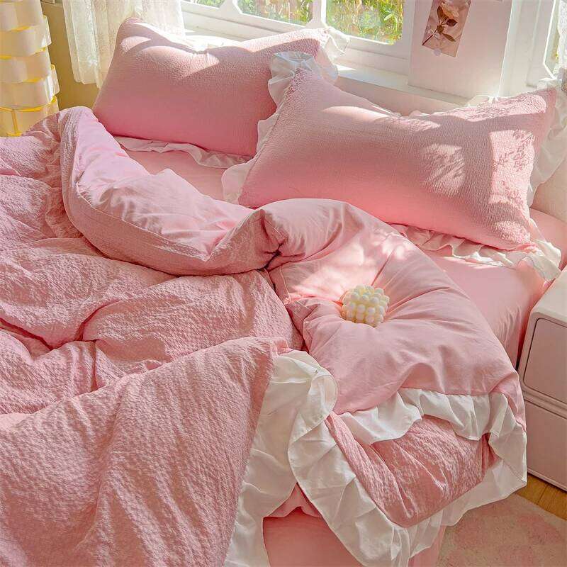 Princess Bedding French Style Washed Cotton Four Piece With Lotus Leaf Lace Duvet Cover Bedsheet Set Bed Linen H260312