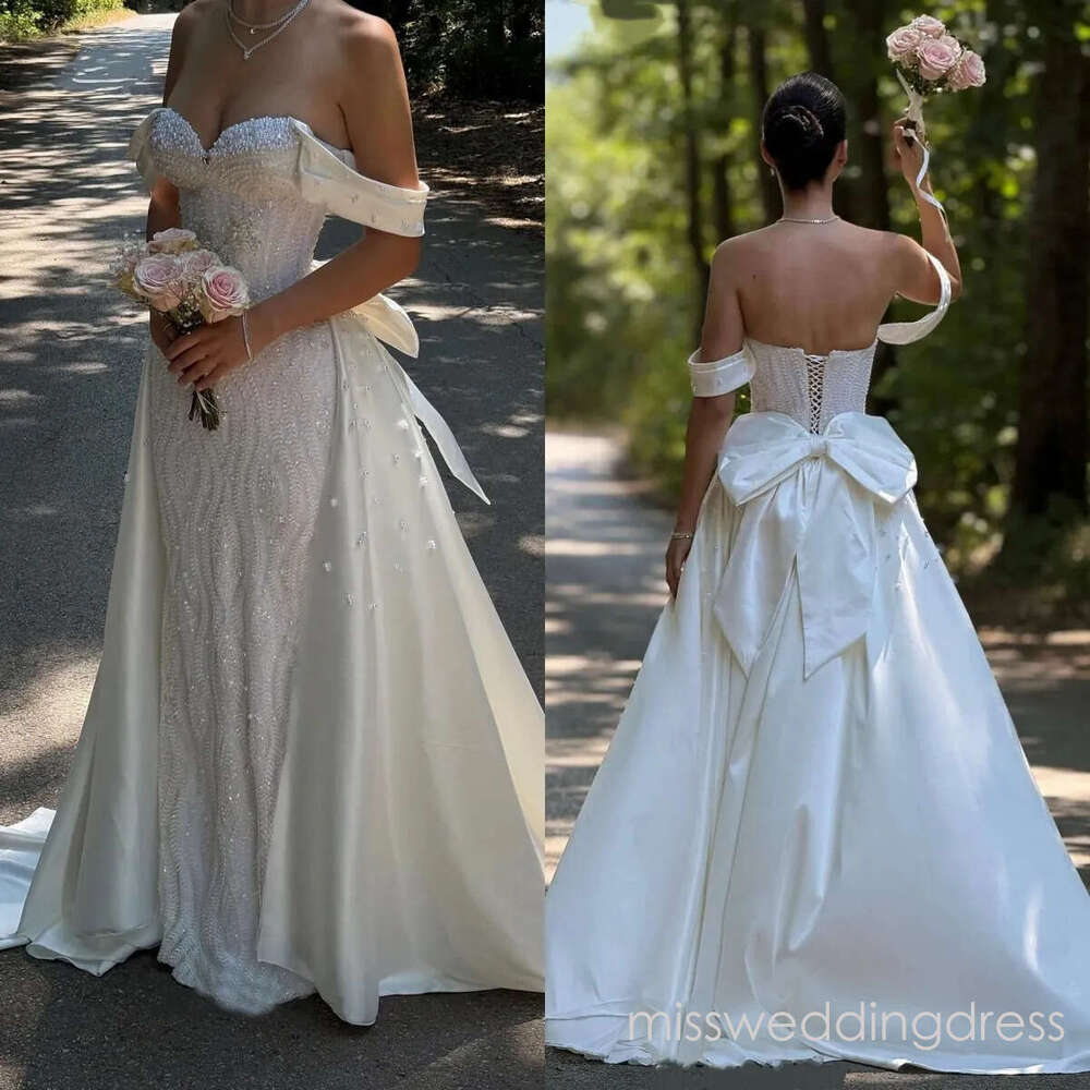 Fashion Pearls Sequins Wedding Dresses Off Shoulder Meramid Bridal Gowns with Overskirts Bow Princess Customized Vestidos De Novia Plus Size