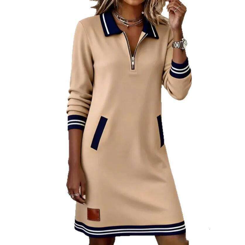 2025 Spring Autumn Turn-Down Collar Holiday Women Patchwork Long Sleeve Chic Dress, Casual Zipper Fashion Ladies Dress C260312