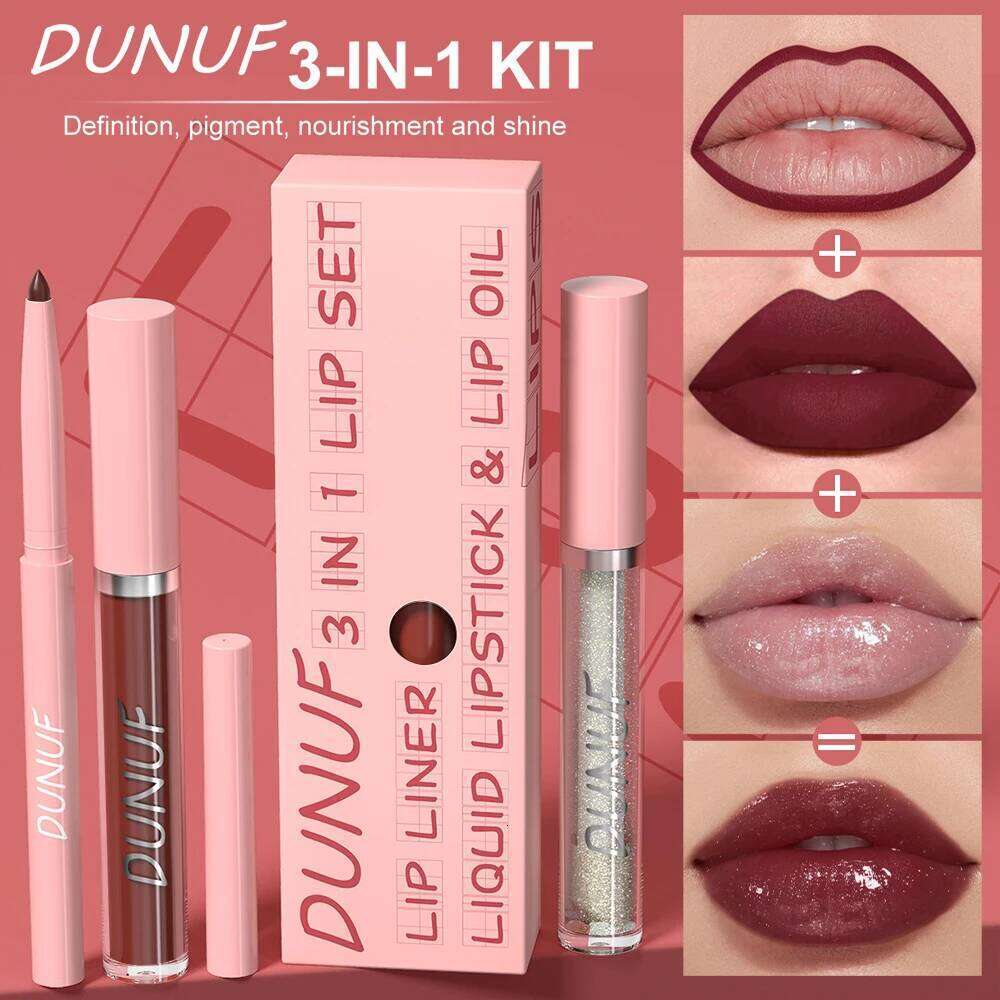 Matte Liner Gloss Lip Oil Set, 3-in-1 Waterproof Non-sticky Long-Lasting Lipstick, Nude Deep Red Mauve, Christmas Makeup W260311