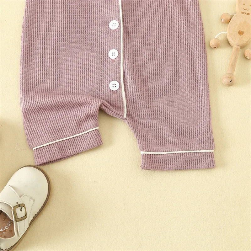 024months Baby Romper Pajama Lapel Neck Short Sleeve Trim Button Down Waffle Jumpsuit Infant Toddler Boys And Girls Sleepwear 260311