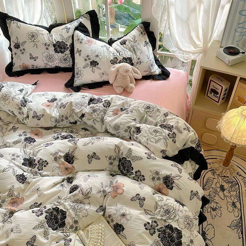 2025 New French Lace Wash Quilt Cover Korean-style Romantic Herben-style Black Print Four-piece Skin Friendly Bedding Set H260312