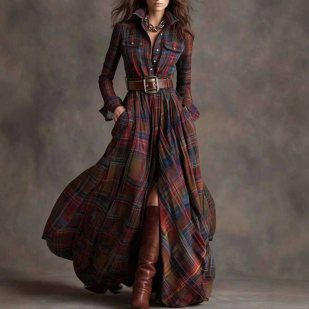 French Women's Plaid Dress Shirt Button Cardigan Lapel Fashion Belt Pocket Irregular Design A-line Long Skirt for Female C260311