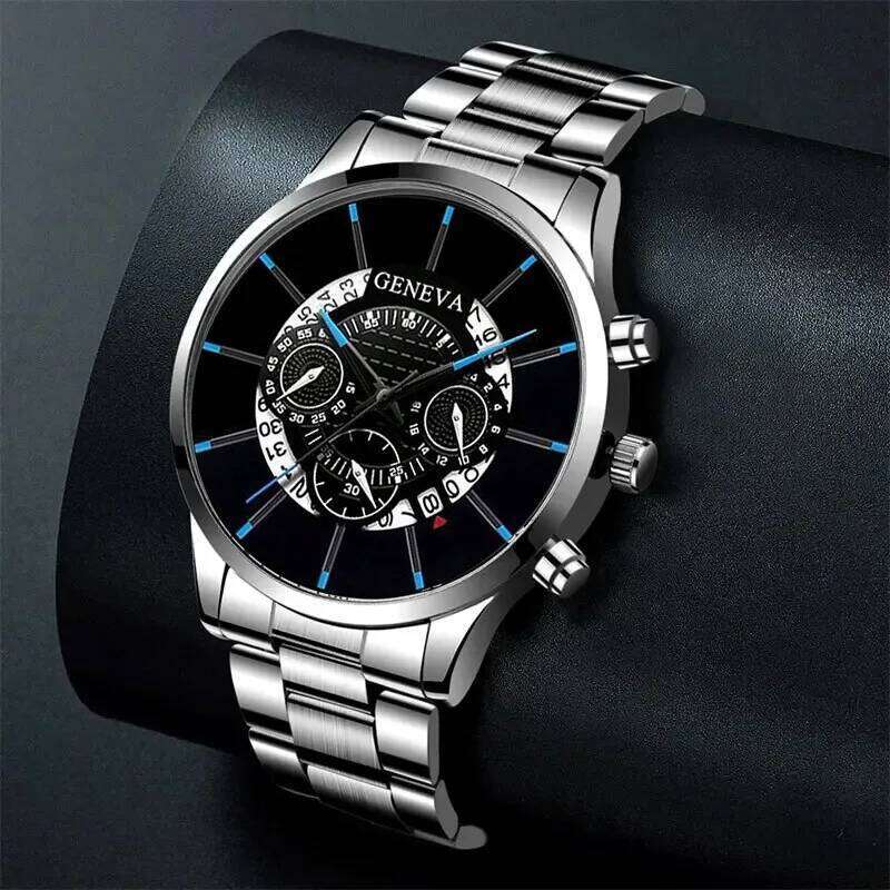 2pcs Luxury Mens Silver Quartz With Stainless Steel Bracelet Men Fashion Business Casual Watch Luminous Clock