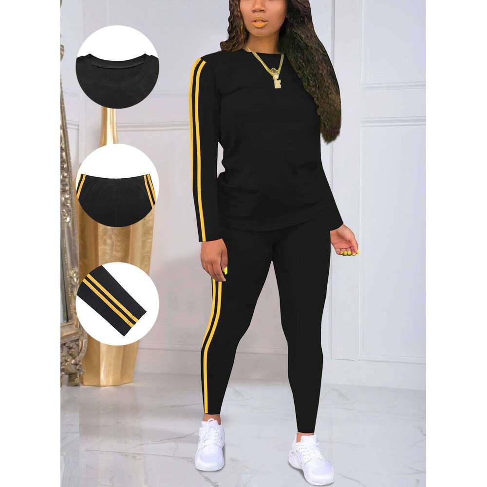 Spring Summer Women's Two-Piece Set Side Stripe Long Sleeve Pants Yoga Sportswear round Neck Breathable Casual Home Clothes C260312