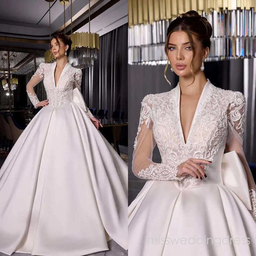 Simple Wedding Dress V Neck Appliques Bridal Dresses A Line Pearls Long Sleeves Shiny Beading Princess Sweep Train Bride Gowns Plus Size Custom Made