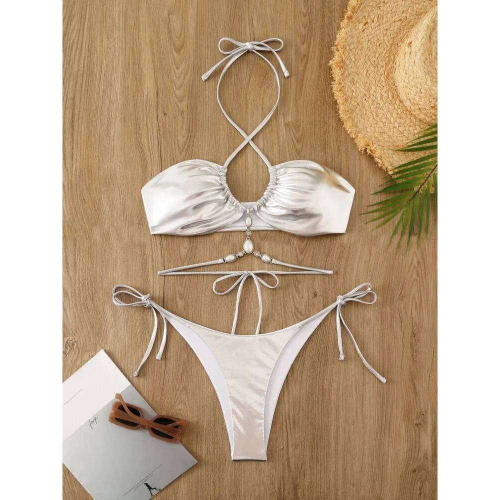 Bikini Women Swimsuit 2026 New Gold Halter Lace Bikinis Set Sexy Swimwear Cover Up Two Piece Beach Bathing Suit Female Y260303