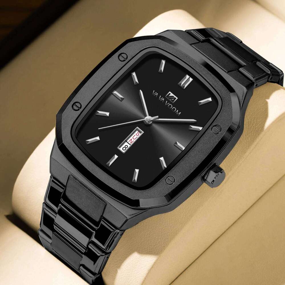 VA VOOM Brand Men Stainless Steel Original Square Style Blue Gold Dual Calendar Quartz Movement Business Watch