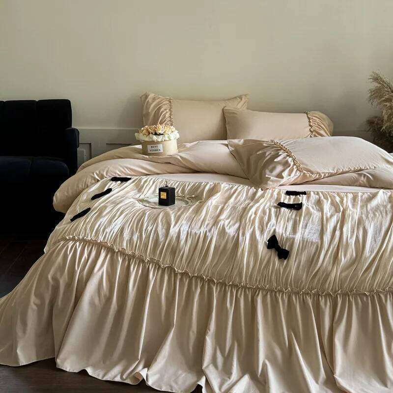 Vintage French Large Ruffles Black Bow Princess Bedding Duvet Cover Set Flat/Fitted Bed Sheet Pillowcases 4Pcs H260312
