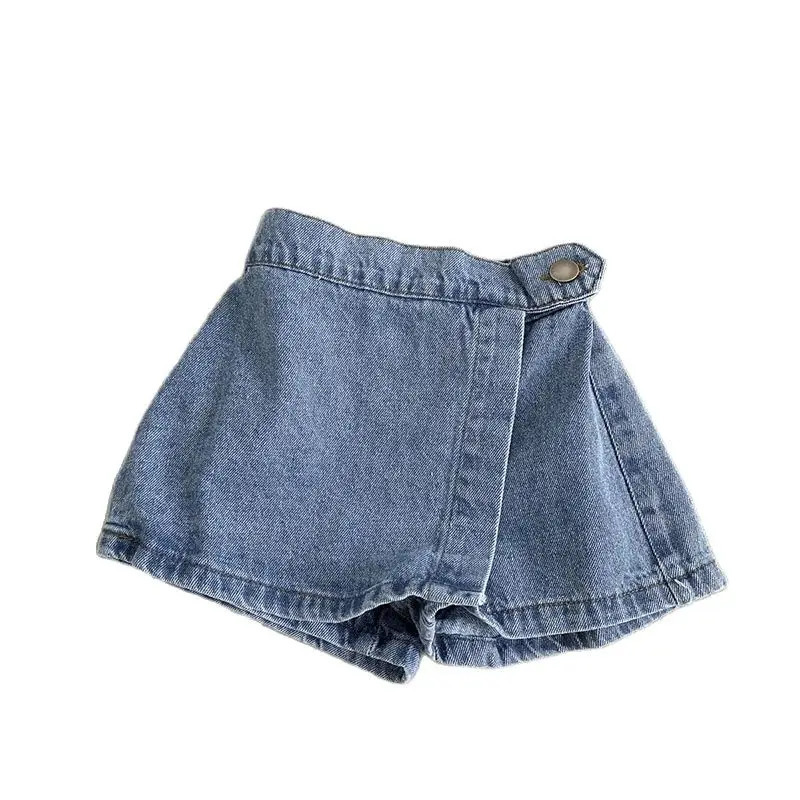 Korean Fashion Summer Kids Girl Skirt Shorts Solid Elastic Waist Button Soft Denim Culotte Children Versatile Clothing 260311