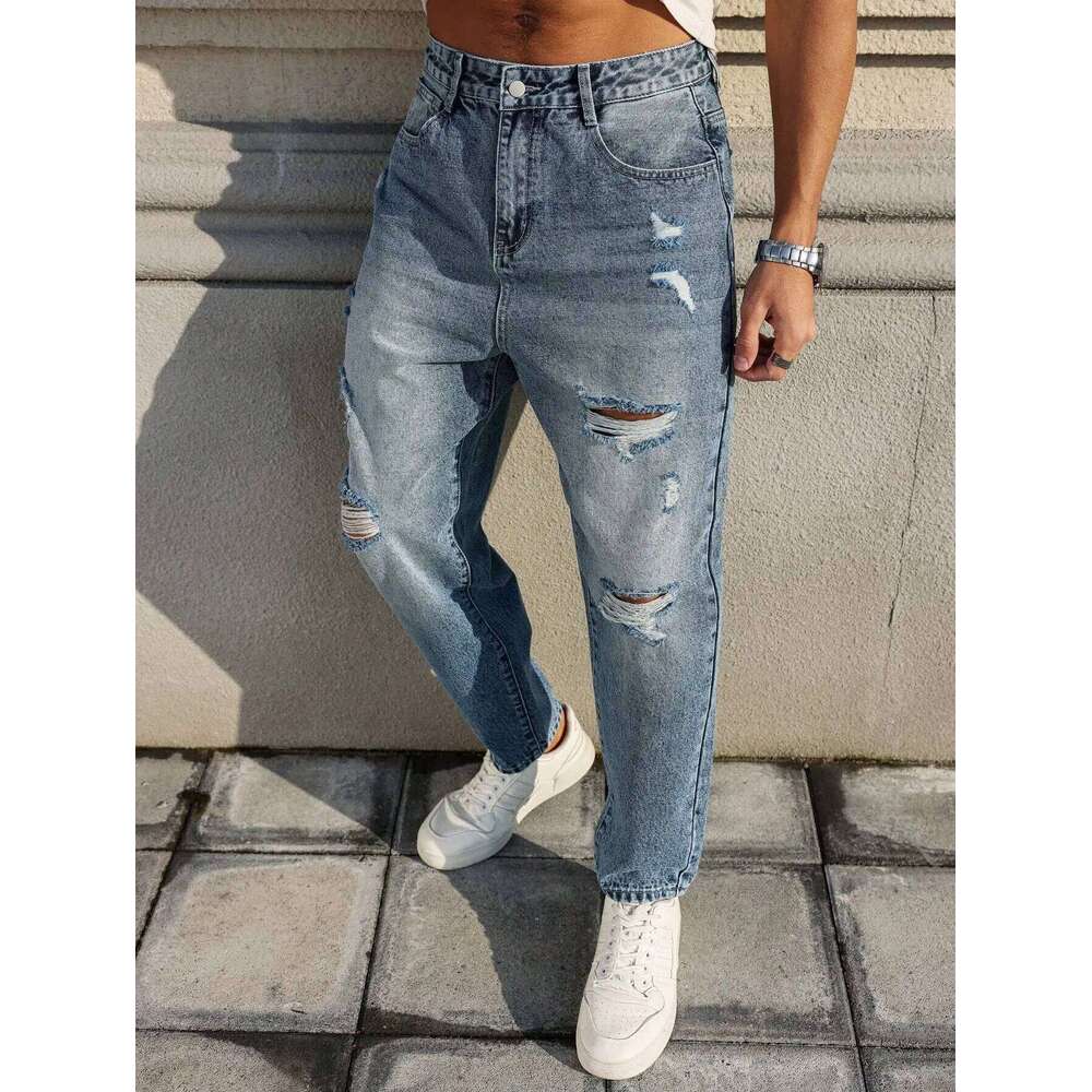 Men's blue ripped jeans, retro distressed beggar pants, street trend loose harem pants