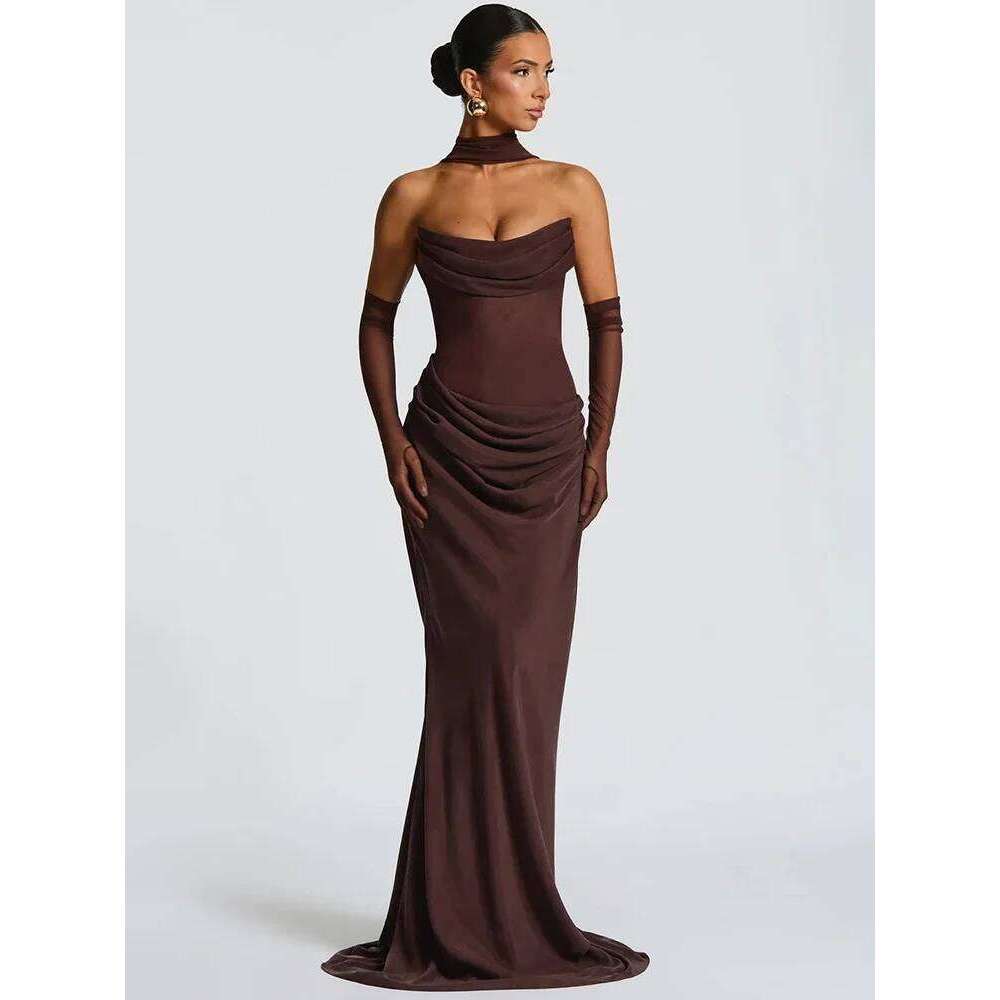 Off-shoulder Backless Sexy Maxi Dress Women Gown Elegant Scarf Collar Strapless Sleeveless Bodycon Club Party Dresses C260312