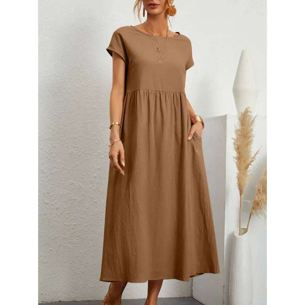 Women Vintage Solid 2023 Summer Elegant O Neck Short Sleeve Cotton Linen Dresses Female Casual Loose Sundress Long Dress C260312