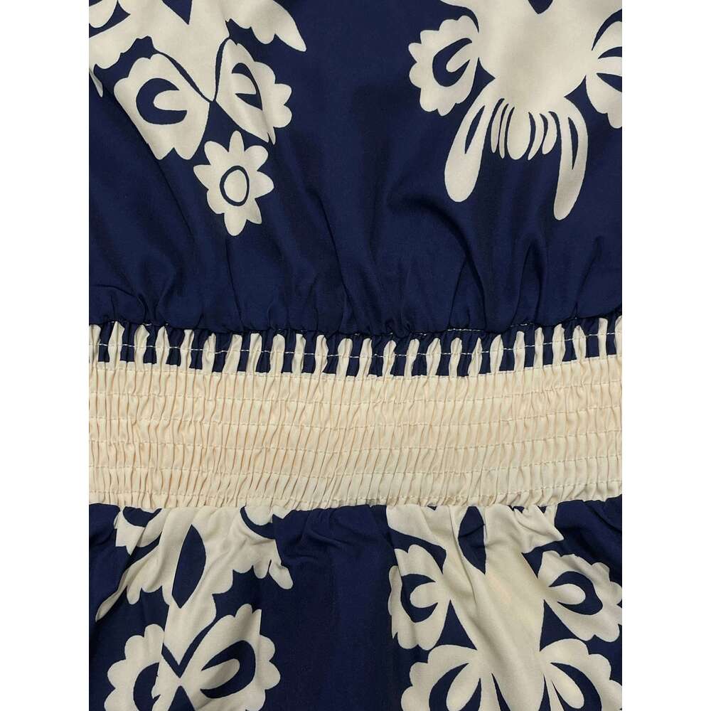 Women's V Neck Ruffle Hem A-Line Dress, Elegant All over Print, Elastic Waist, Moderate Fabric, Casual Vacation Wear C260312