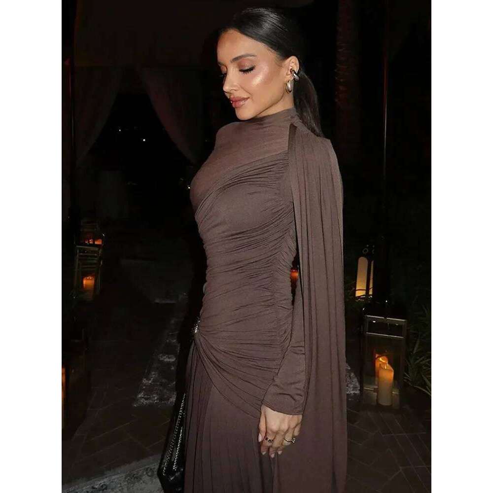 Elegant Women Pleated Irregular Patchwork Maxi Dress Chic Long Sleeve High Neack Dresses 2025 Summer Turtleneck Party Prom Gowns C260312