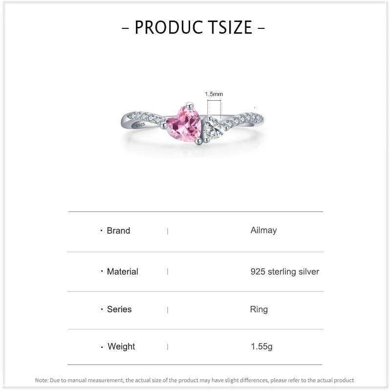 Ailmay Solid 925 Sterling Silver Romantic Dazzling Pink Heart Crystal Stackable Rings For Women Christmas Fine Jewelry Gifts H260312
