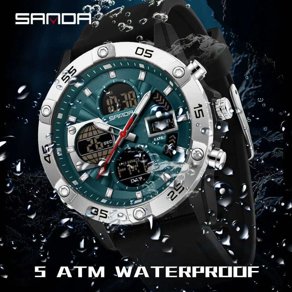 SANDA new 6239 fashionable men's sports watch with displays and dual movements, multifunctional 5ATM waterproof gift