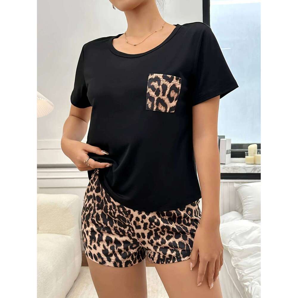 2-Pack Summer Simple Casual Leopard Print Women's Short-Sleeved Shorts Pajamas Set For Women