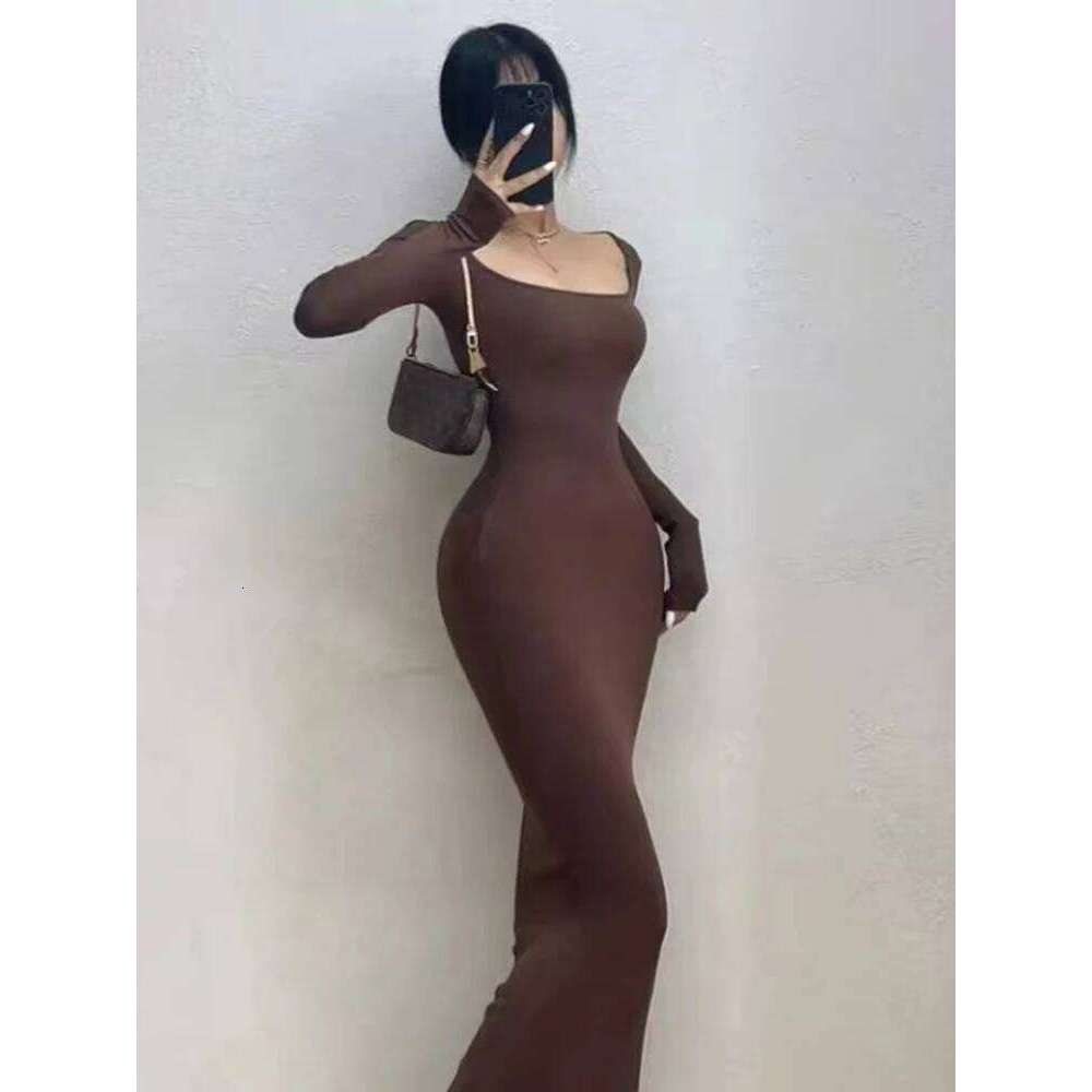 Ribbed Solid Sleeve Square Neck Skinny Bodycon Dress Women Autumn Sexy Evening Party Elegant Vestido Ladies Long Dresses C260312