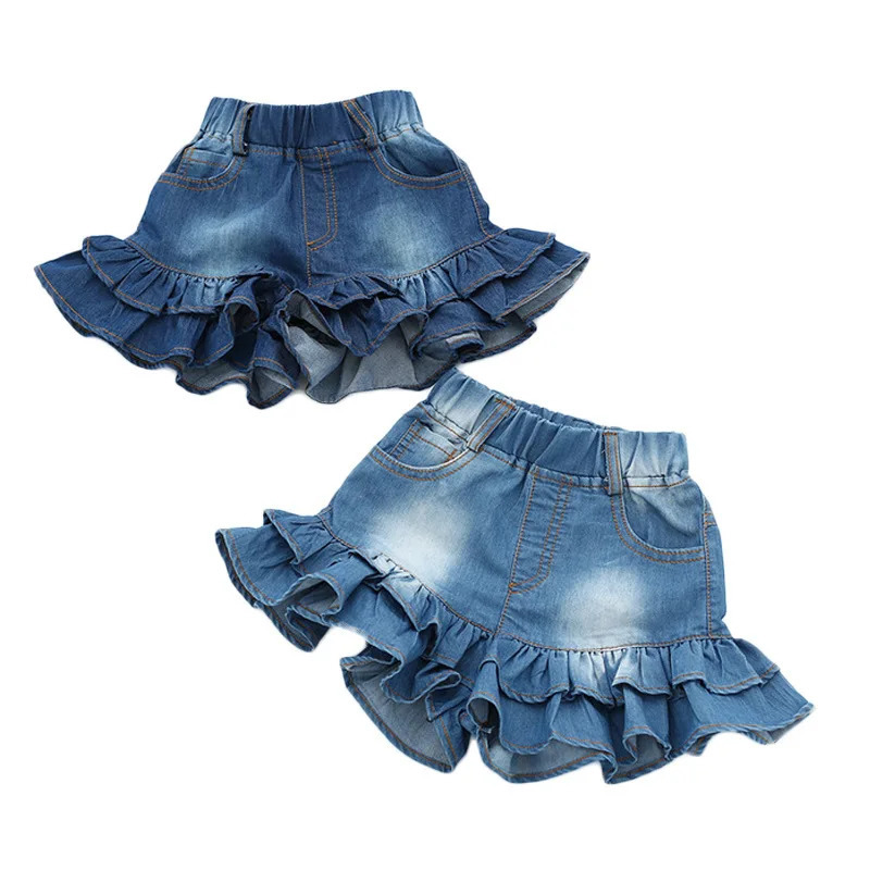 Girls Denim Shorts 2 Layers Ruffles Lace Teenage Girl Jeans Kids Workout Fashion Skirt Summer Beach Sports Short Pants 260311