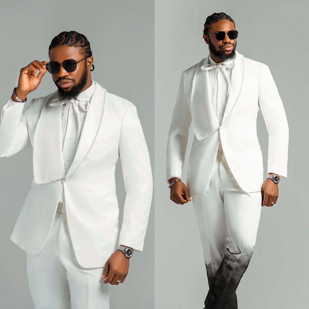 Unique Men Suits Groom 2 Pieces Shawl Lapel Pearls Blazer Tailor-Made Jacket One Button Prom Party Customized Coat Pants Plus Size