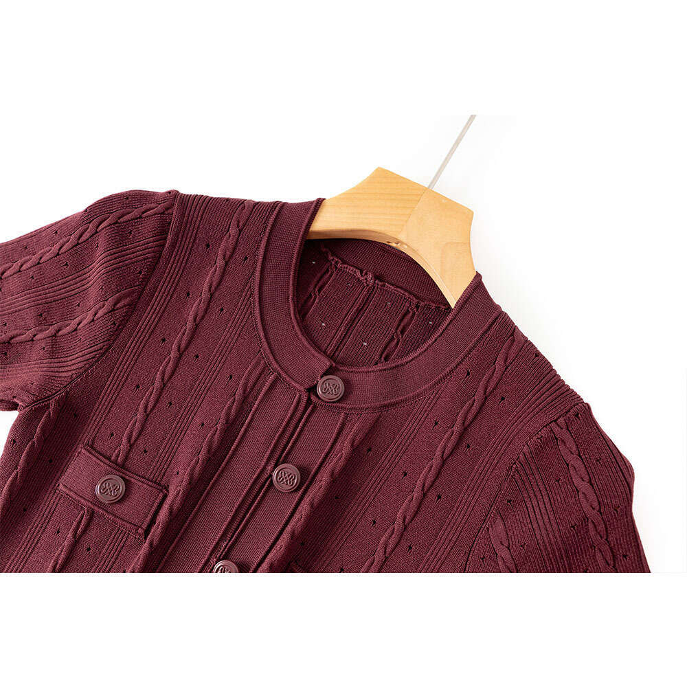 2026 Spring and Summer High Quality French Elegant Social Short Sleeve Hollow A13 Ribbed Single breasted Knitted Dress