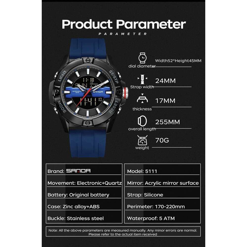 SANDA 5111 new electronic military sports multifunctional waterproof night light LED dual display men's watch 2026