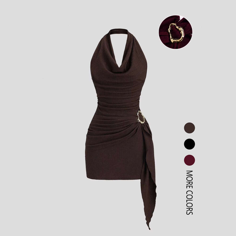European and American cross-border women's fashion solid color V-neck halter neck backless dress