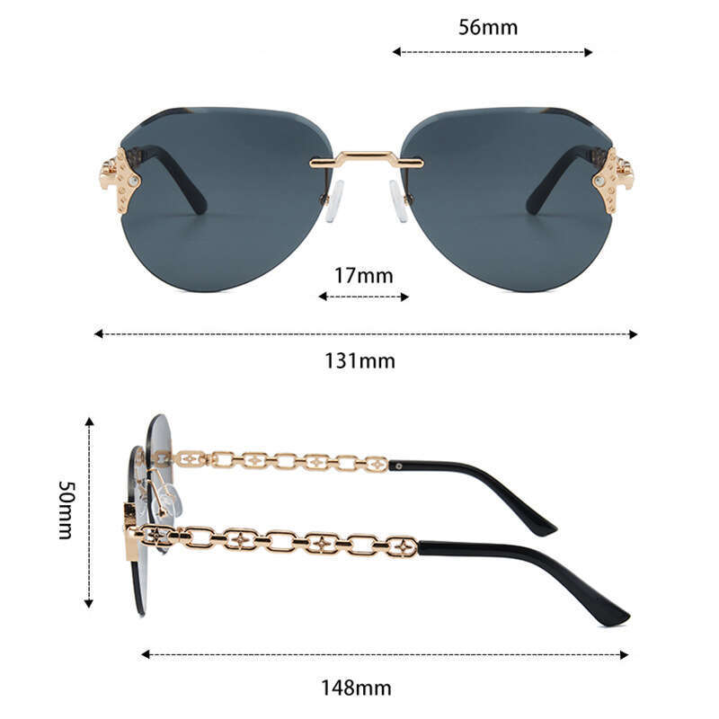 Frameless Cut Edge Light Luxury Women With Metal Chain Temples Hollow Slimming Sunglasses For Beach Photos UV Protection