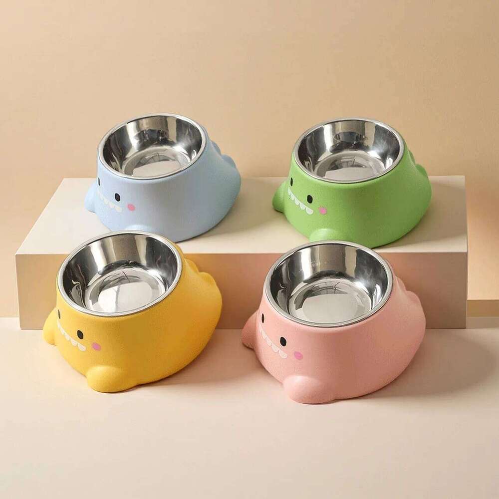 Cartoon Dinosaur 15 Tilted Pet Bowl: Elevated Stainless Steel Dish with Neck Support - Fun Cute Feeder for Cats & Puppy 26Y0312