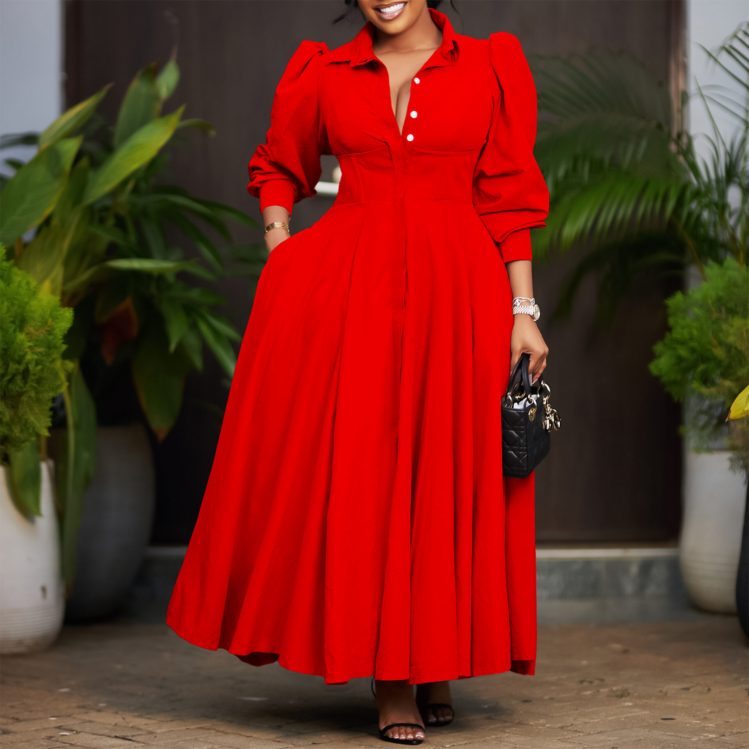 D570 Womens Elegant Long Sleeve Flared Shirt Dress Fashion Solid Color Mid-Length Dress