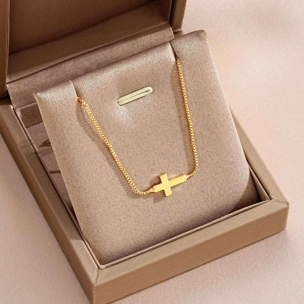 Minimalist Exquisite Gold Color Stainless Steel Cross Pendant Box Chain Adjustable Necklace for Women Collar Chain Jewelry Gifts 260311