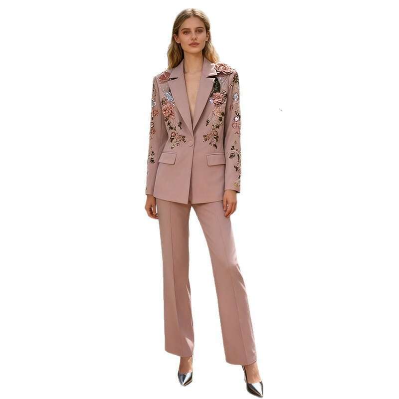 French Style Beaded Floral Long Sleeve Suit Set Spring New Model High End Waist Cinching Wide Leg Two Piece Set For Women
