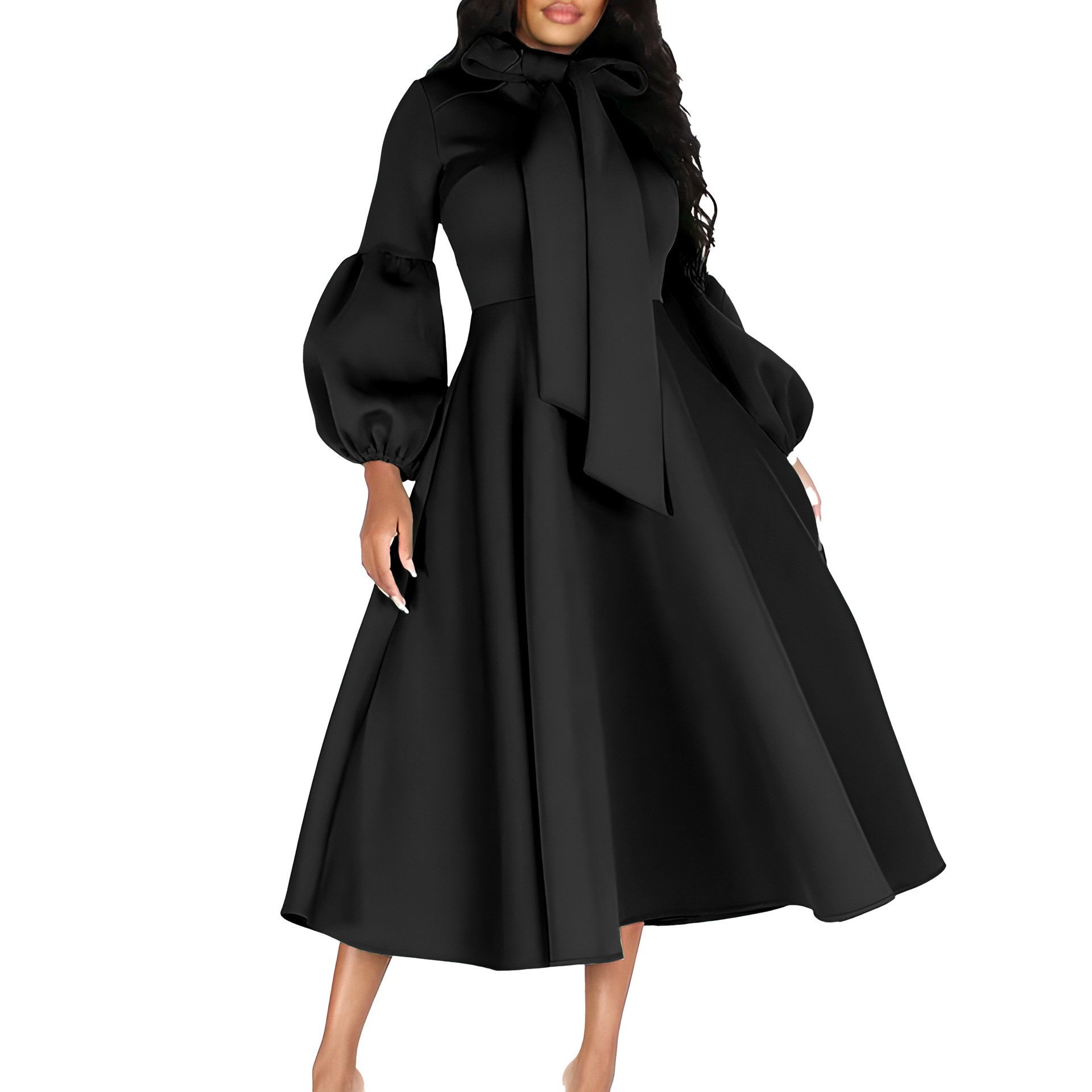 D427 Womens Fashion 2023 New Puff Sleeve Tie High Waist Dress