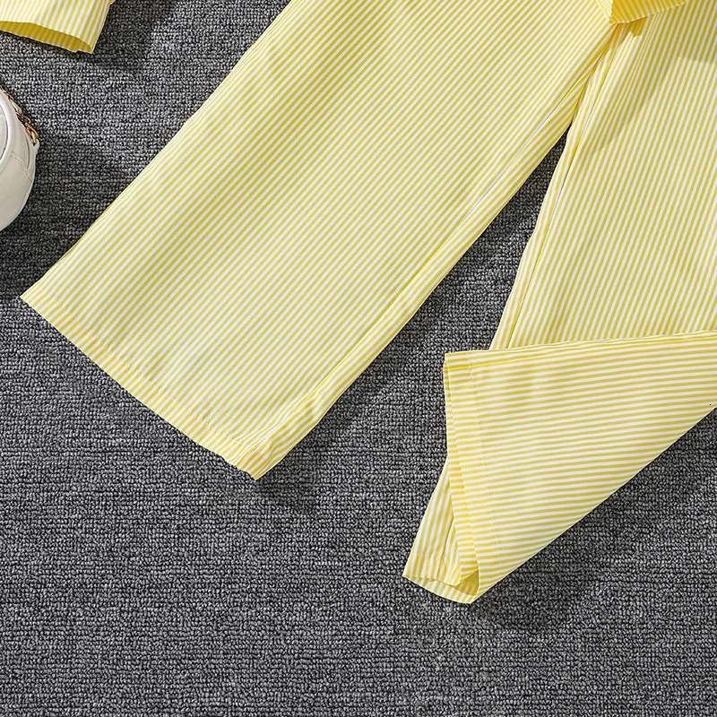 Childrens Spring Autumn 412 Years Old Girls Yellow Striped Long Sleeve Top Pants Suit Classic Simple Refreshing 260311