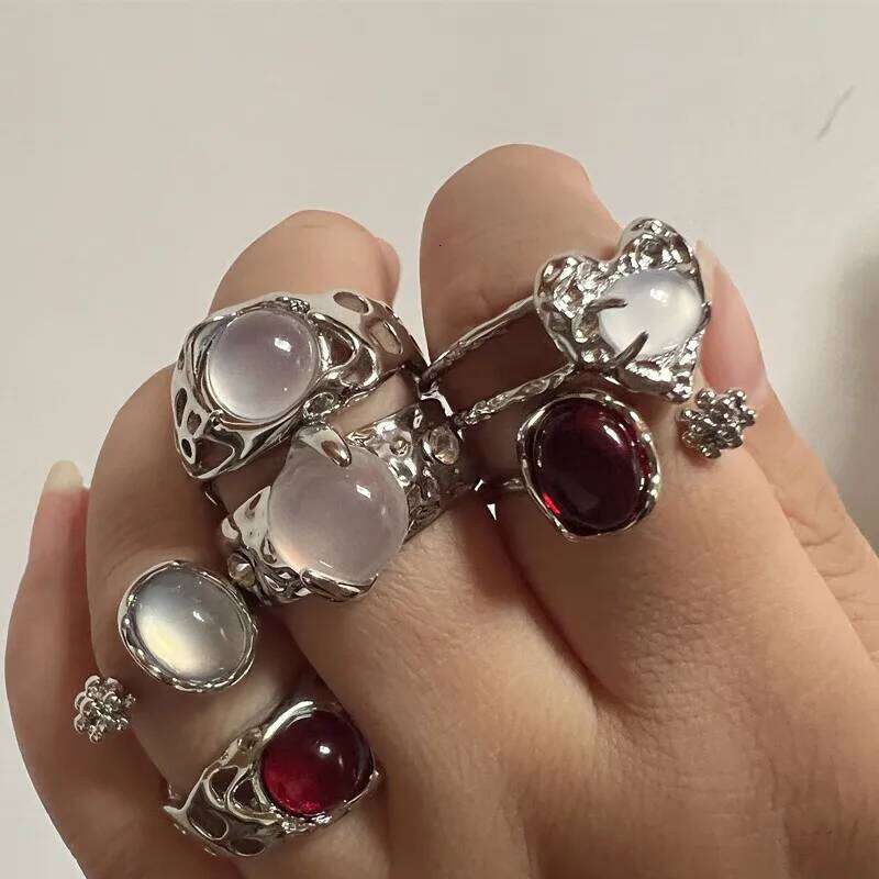 Vintage Silver Color Red Oval For Women Trendy Elegant Irregular Natural Stone Ring Woman Y2K Aesthetic Jewelry Gift H260312