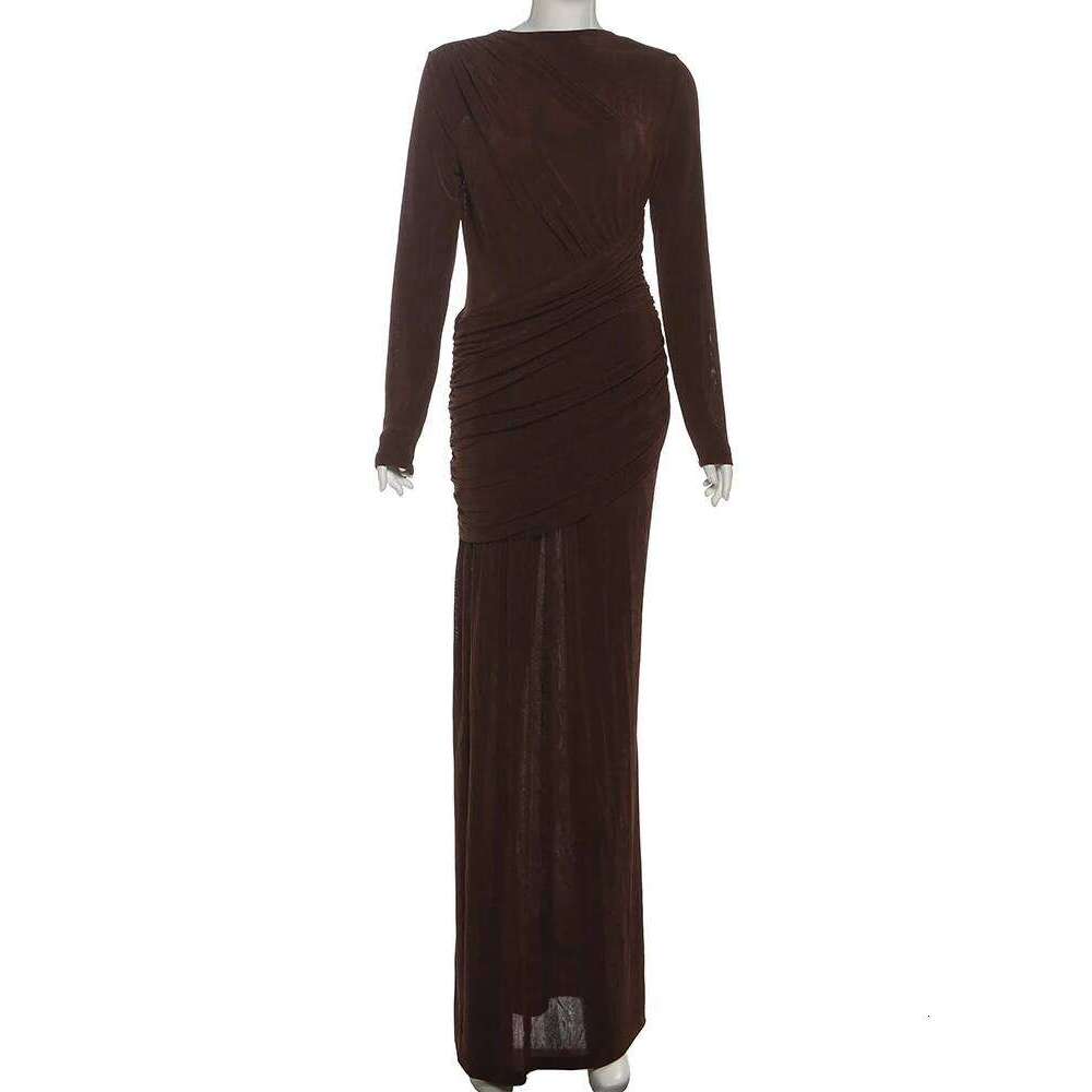 Nibber Folds Maxi Dress Women o-Neck Full Sleeve Solid Banquet Elegant Vacation Fashion Autumn Skinny Casual Simple Vestidos C260311