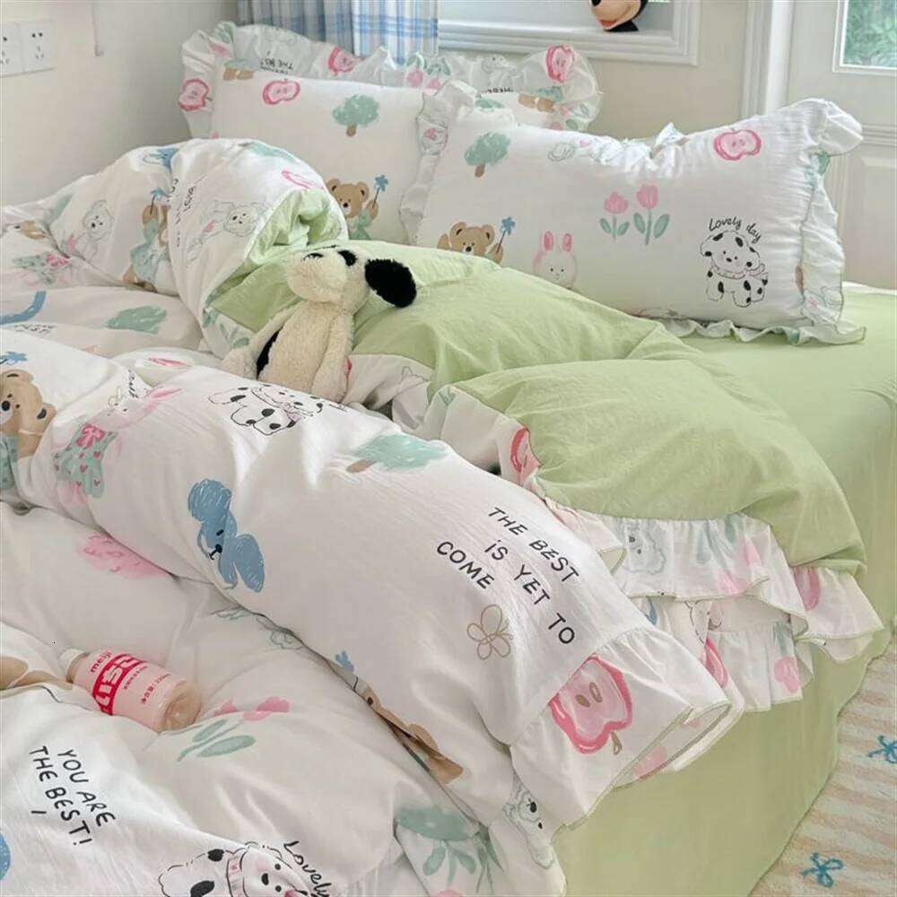 Ins Style Korean Princess Washed Cotton Four Fresh Lace Duvet Cover Set, Sheet Three Piece Set on the Bed H260312