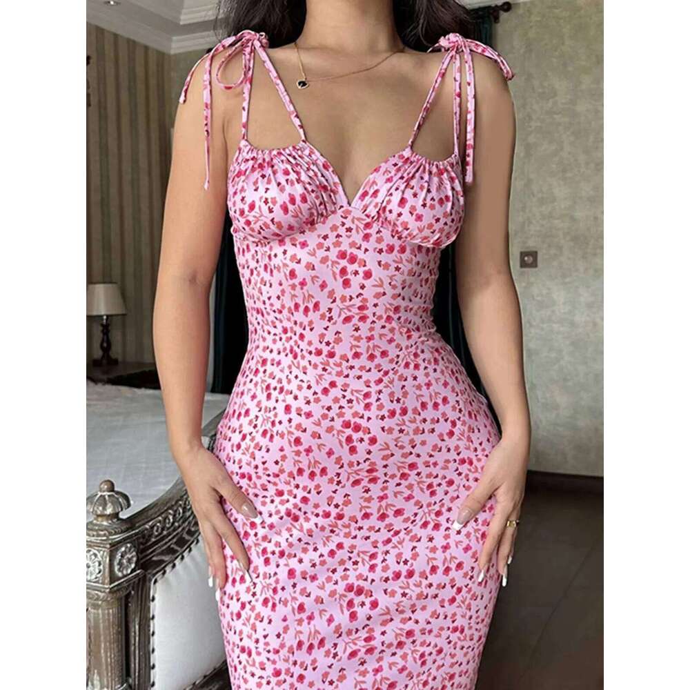 2025 Summer Floral Midi Women Spaghetti Strap Tie-up V-neck Split Dress Sexy Vintage Elegant Dresses Female C260311